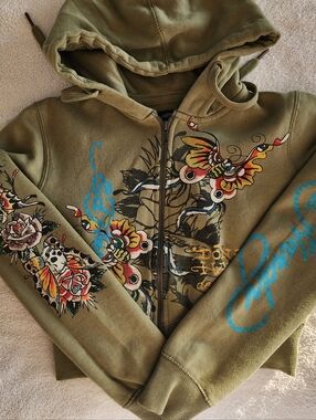 Ed Hardy Butterfly Skull Zip Hoodie Olive Green Y2K  Size S